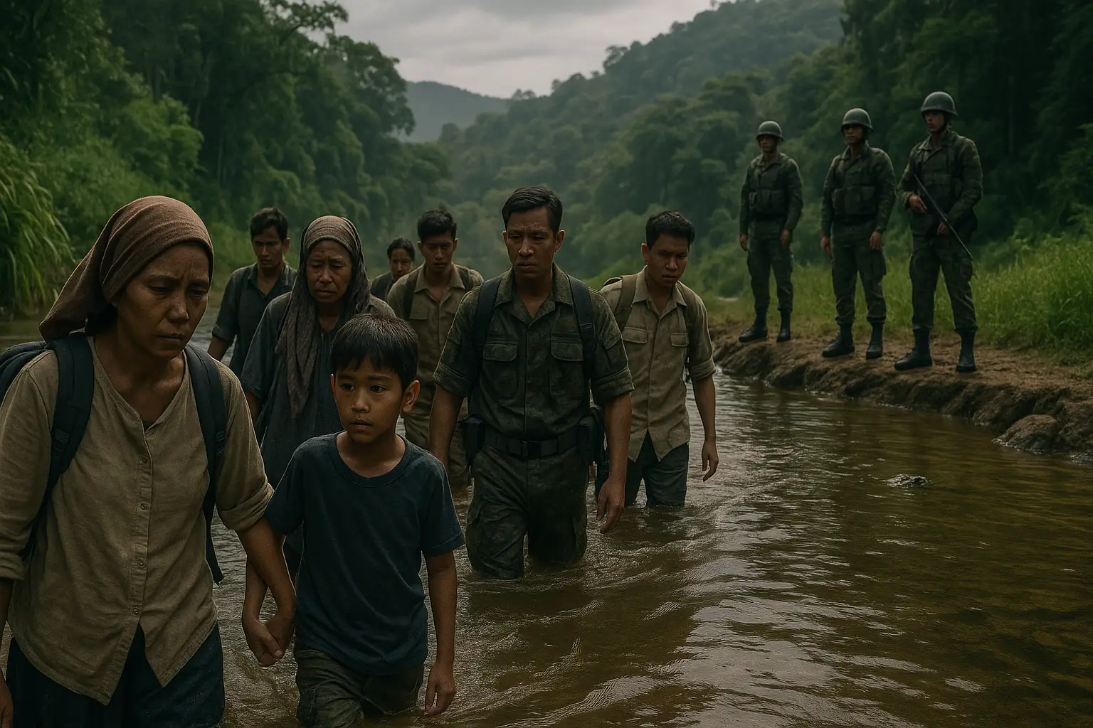 myanmarische Soldaten und Zivilisten fliehen nach Angriff