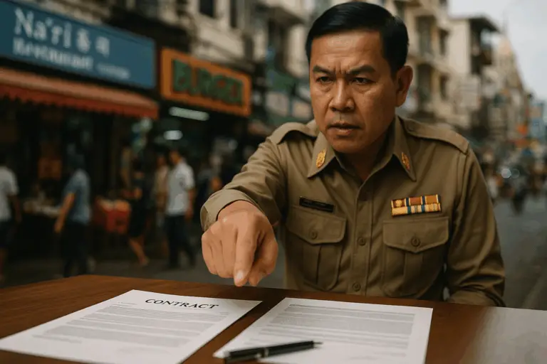 Thailändischer Polilzist zeigt auf Gesetzestexte