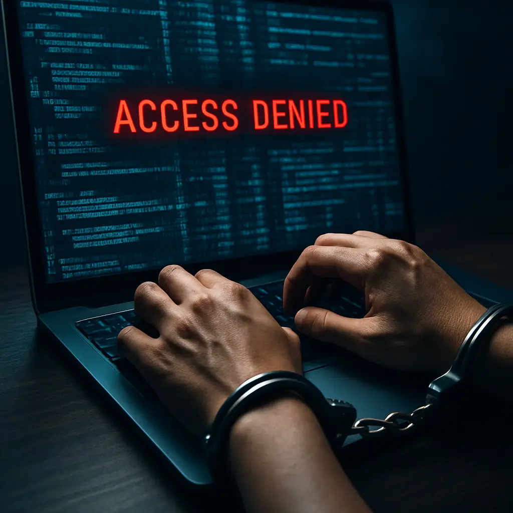 Laptop und Hände in Handschellen Cyberkriminalität Thailand