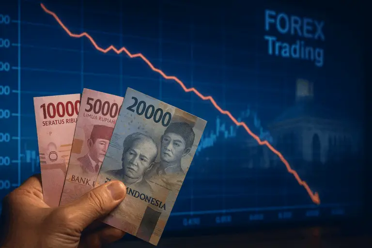 Indonesian rupiah banknotes on a digital forex trading screen